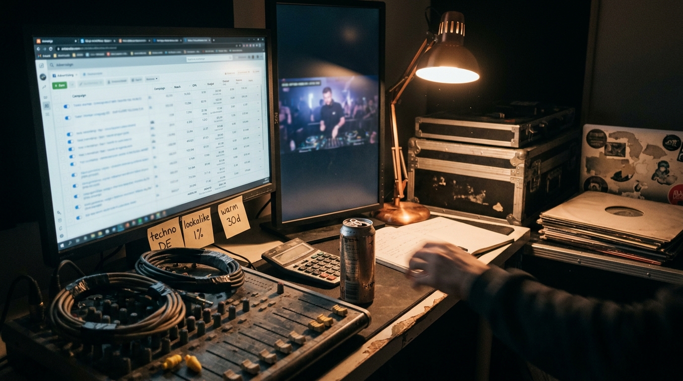 A dual-monitor desk at midnight with a blurred ads-manager table and a vertical video preview, sticky notes with audience names on the bezel