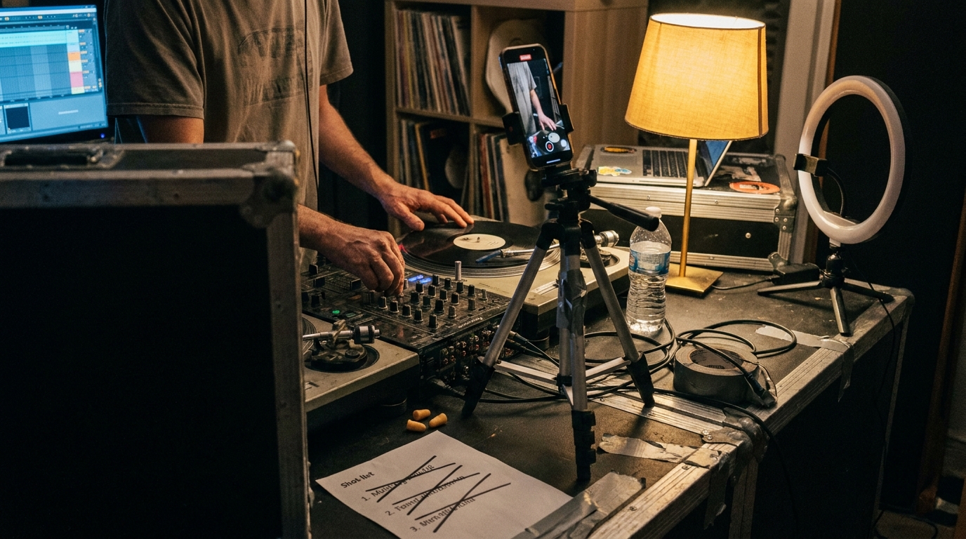 A phone on a tripod filming a DJ's hands for a vertical ad creative, lit by one warm lamp with the ring light deliberately off