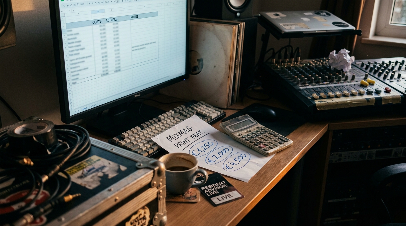 A monitor with a three-tier budget spreadsheet softly out of focus, printed sheet with three euro figures circled in pen, calculator and cold coffee