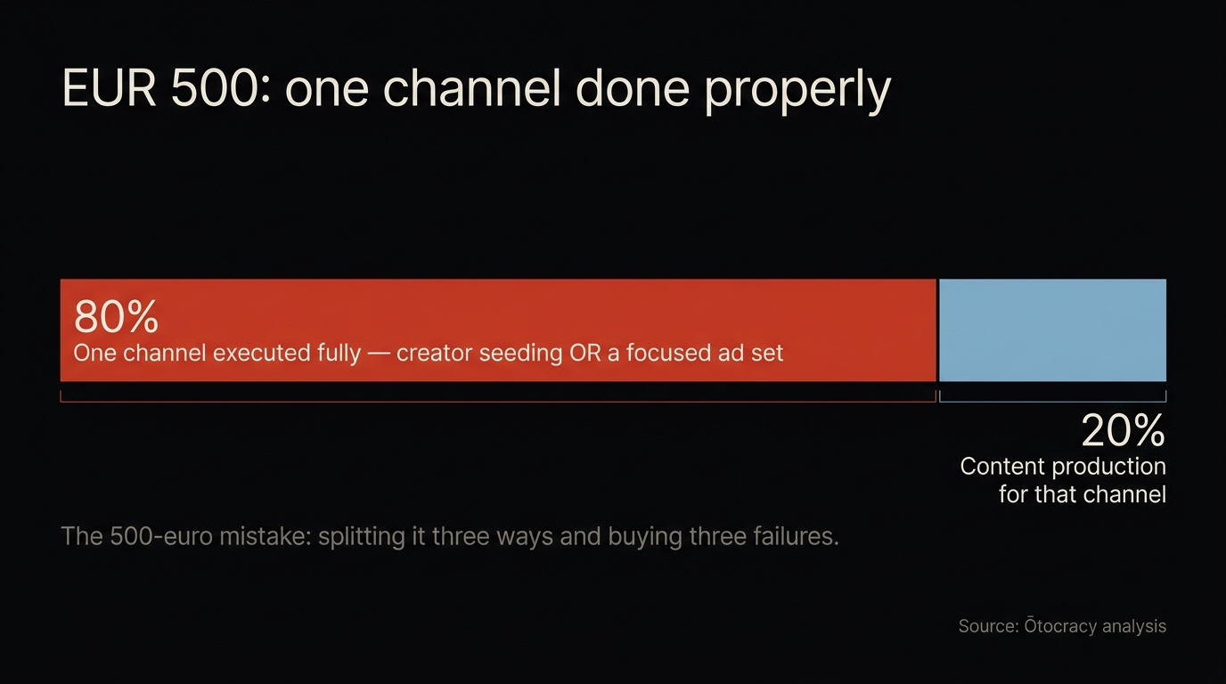 Allocation bar infographic for a 500-euro music promotion budget: 80 percent on one fully-executed channel, 20 percent on content for that channel