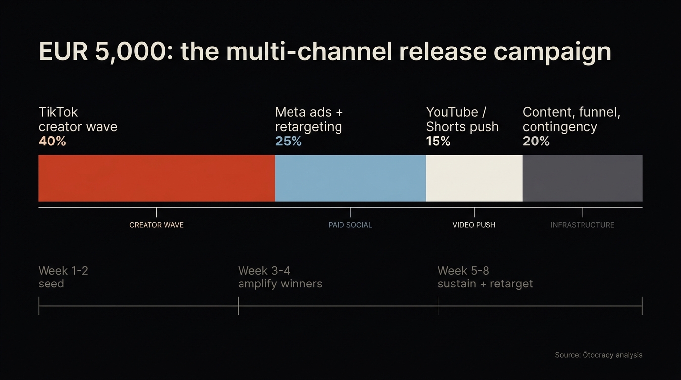 Stacked allocation bar and timeline for a 5,000-euro multi-channel release campaign across TikTok, Meta retargeting, YouTube and contingency
