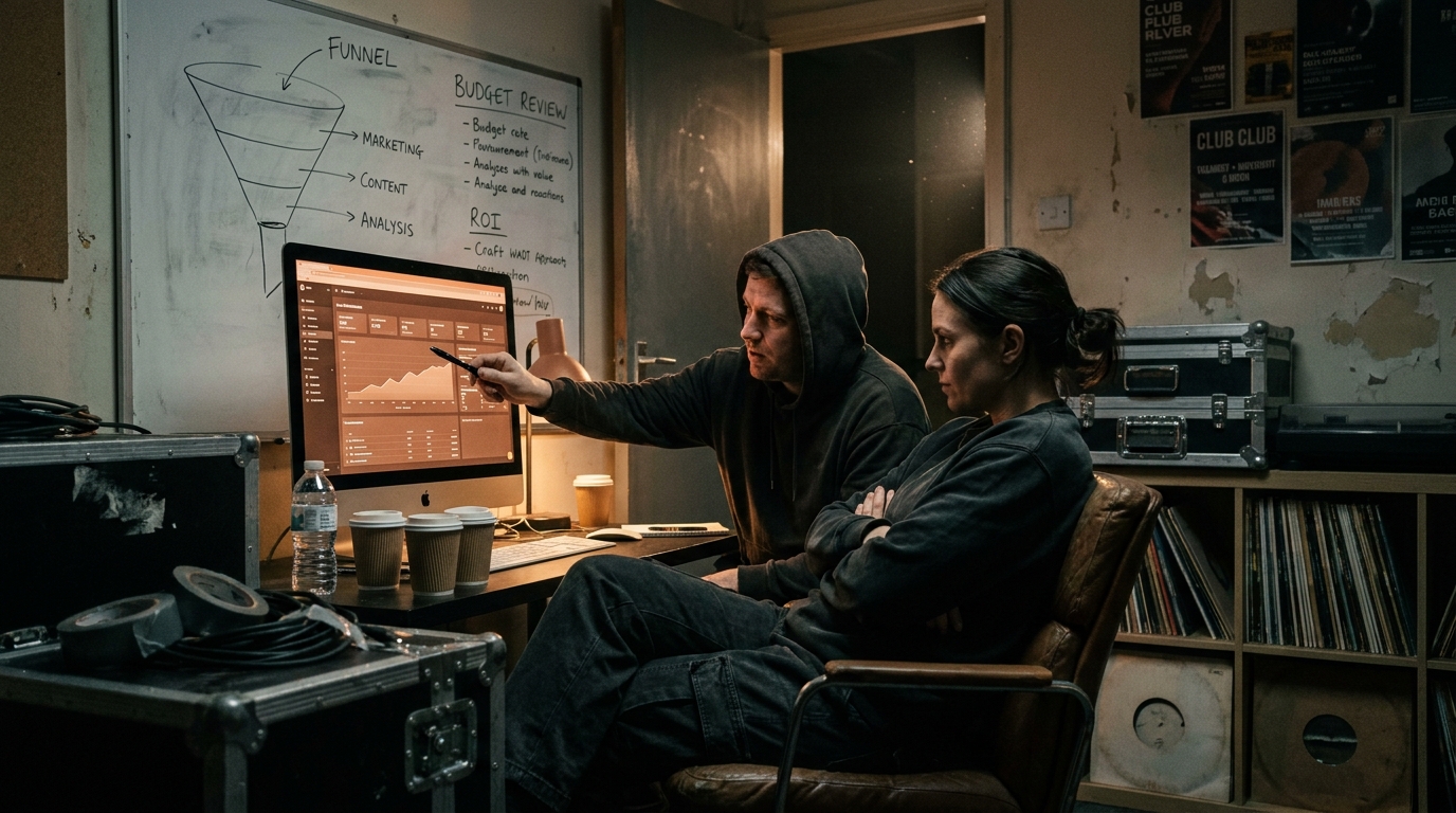 Two people reviewing a campaign dashboard in a dim office, one pointing at a chart, whiteboard funnel sketch half-erased behind them
