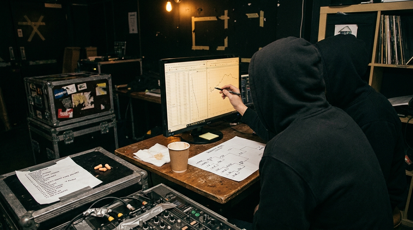 Two people at a monitor comparing two campaign result panels side by side, one tracing a line between them with a pen, a printed sheet of figures on the desk with a bracket linking two columns