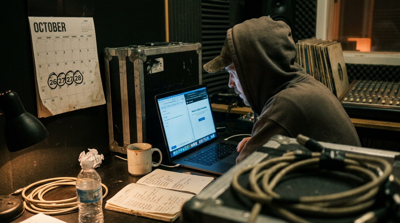 A producer at a studio desk late at night writing a short pitch email on a laptop, a private streaming link open in a second window, a calendar on the wall with October dates circled