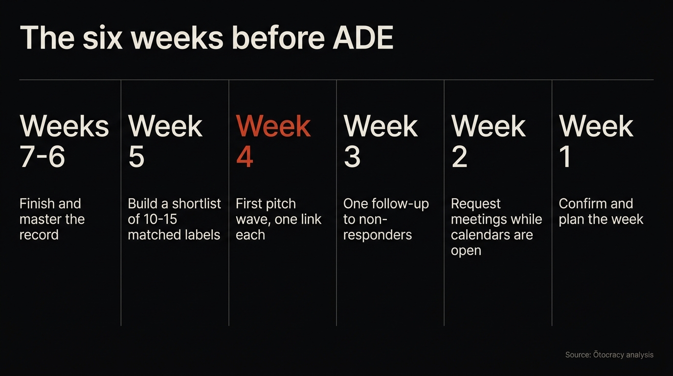 Six-week countdown to ADE showing finish the record, build the shortlist, first pitch wave, second wave, meeting requests and confirmation across the weeks before the event
