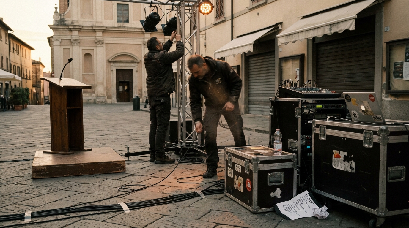 Una piazza di un centro storico italiano al tramonto con un palco montato, cavi audio a terra e persone che montano le luci prima di un concerto