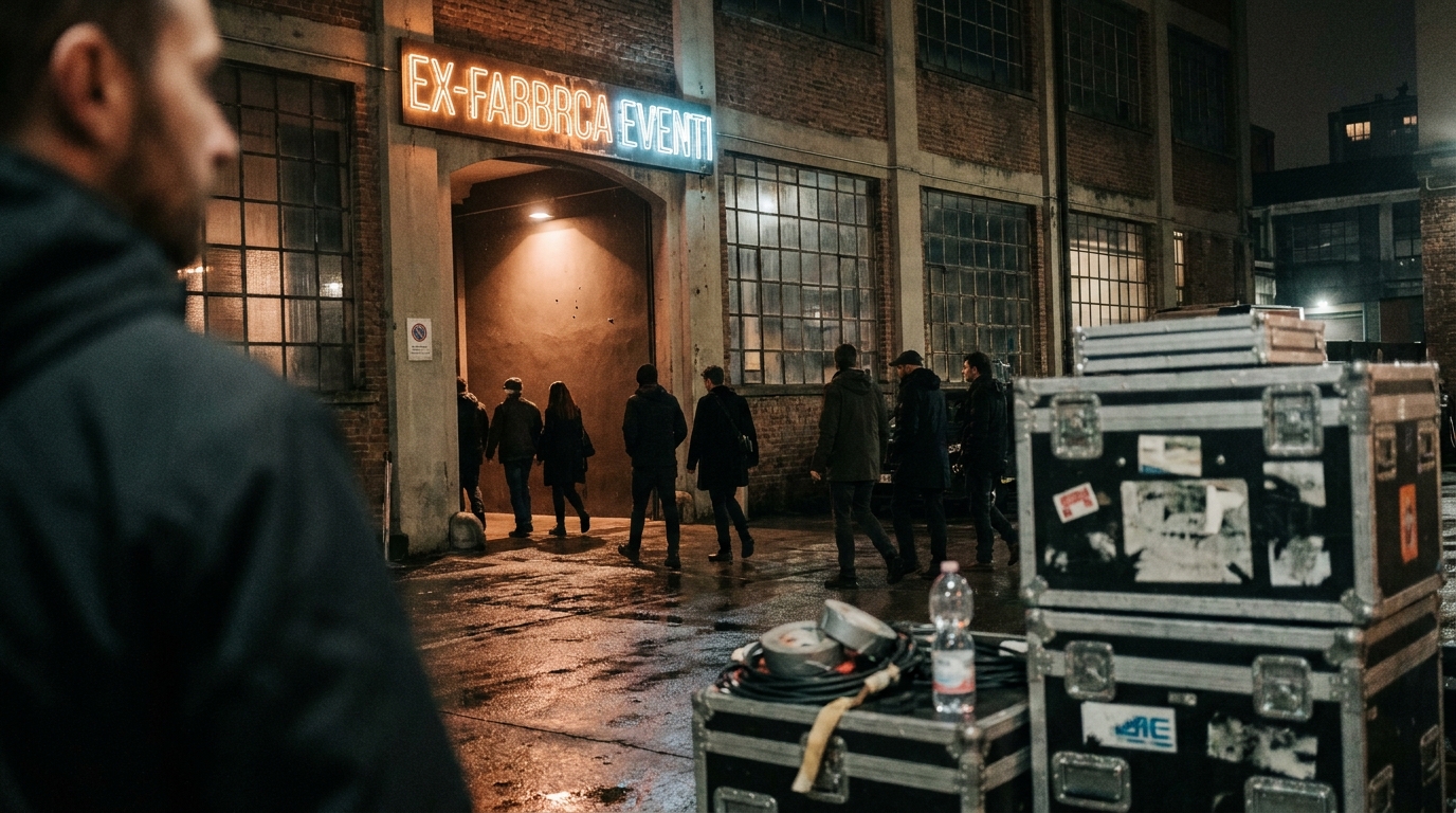 Un cortile industriale milanese riconvertito a spazio culturale, con persone che entrano a un evento serale e insegne luminose sopra l'ingresso