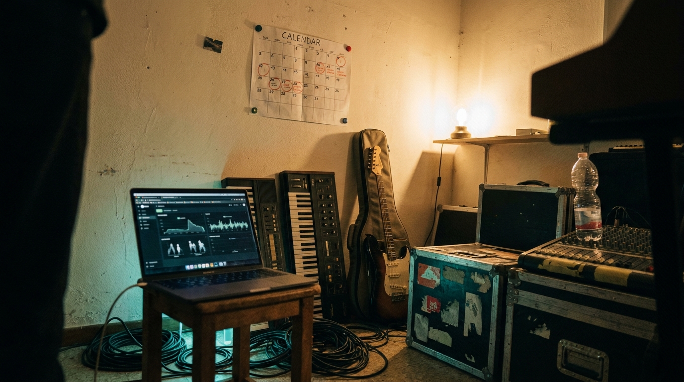 Una sala prove italiana con strumenti, un laptop aperto su una dashboard di ascolti e un calendario di uscite appeso al muro con date cerchiate