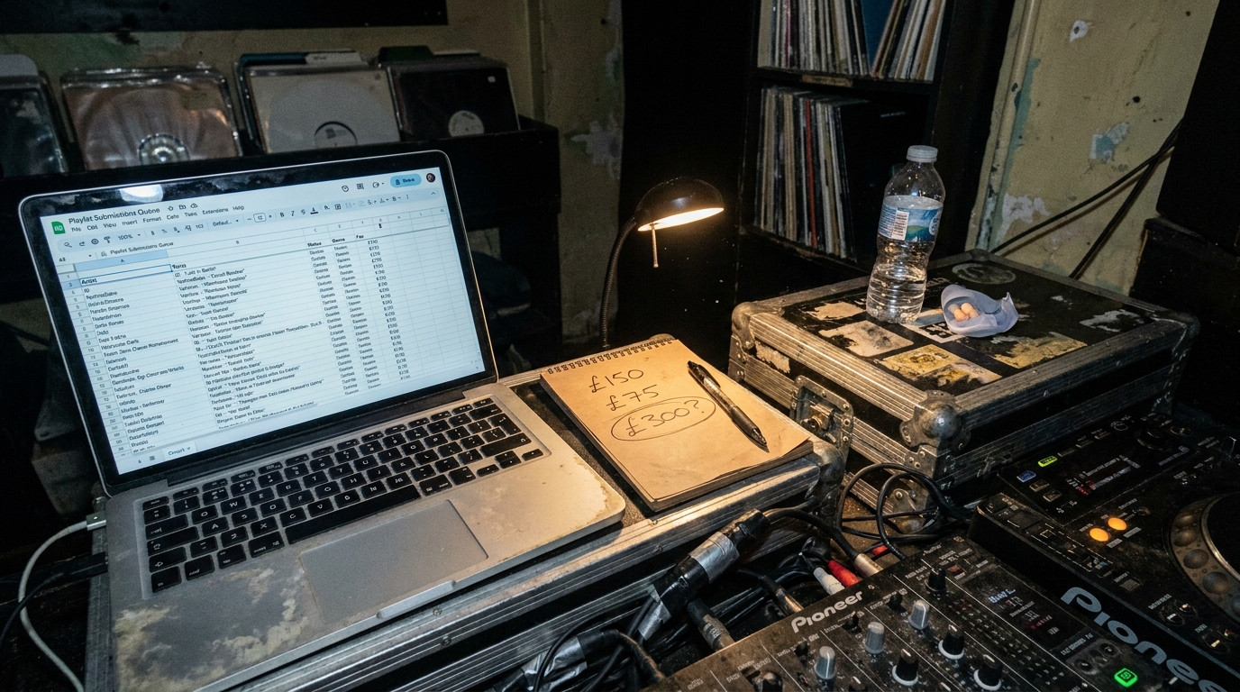 Uno schermo con una lista di playlist e richieste in coda, accanto un blocco di appunti con alcune voci di prezzo annotate a mano