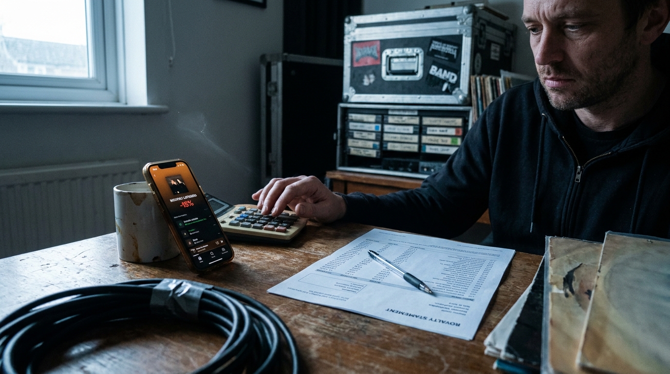 Una scrivania con un rendiconto royalties stampato, una calcolatrice e un telefono che mostra una dashboard di ascolti mensili