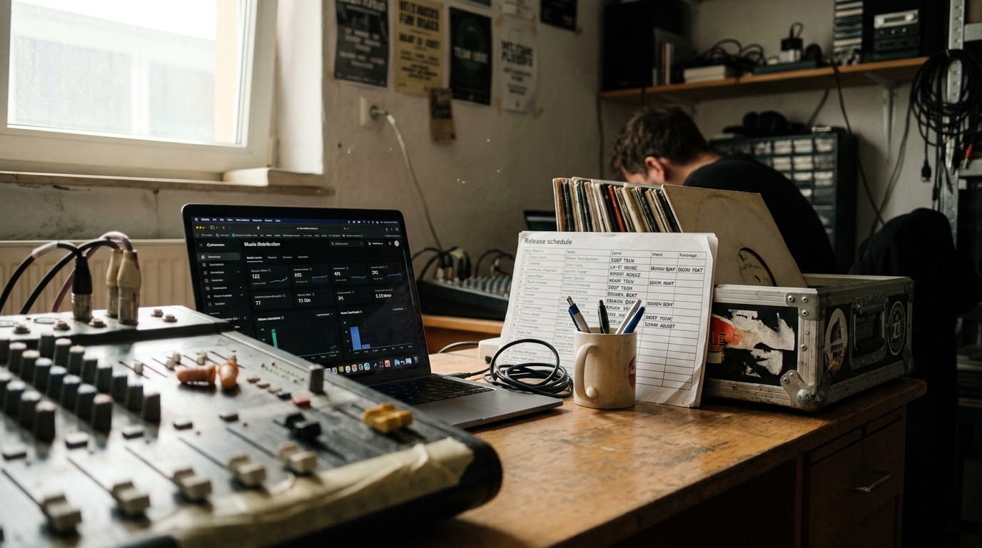A small label office desk with a laptop showing a Beatport label dashboard, a printed release schedule with genre tags handwritten beside each title, vinyl sleeves stacked to one side