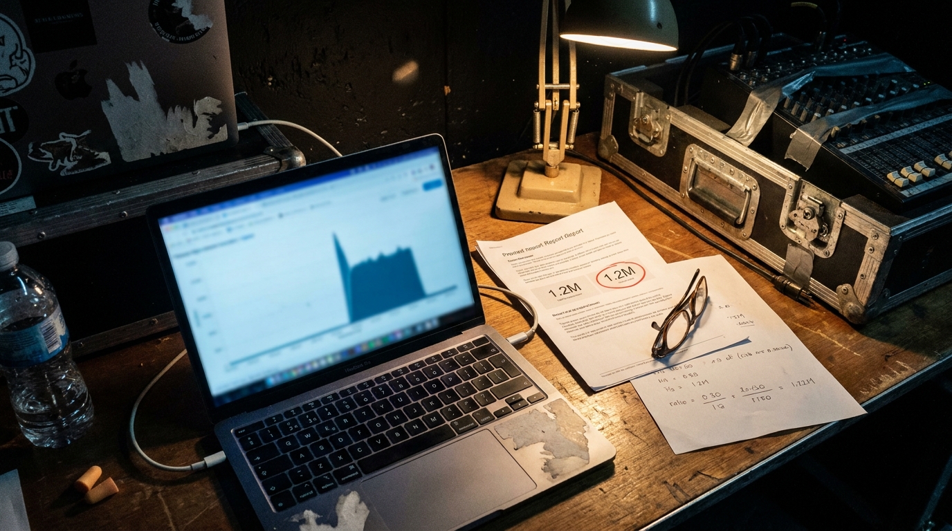 A laptop showing a blurred listener graph with one unnatural vertical spike, a printed report beside it with a figure circled in red pen
