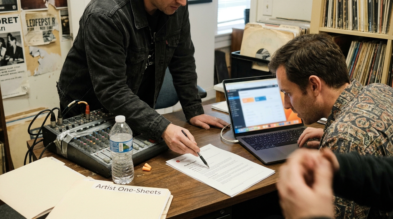 Photo of two people in an office reviewing a printed audit report, one pointing at a flagged line, a laptop with a blurred dashboard open between them