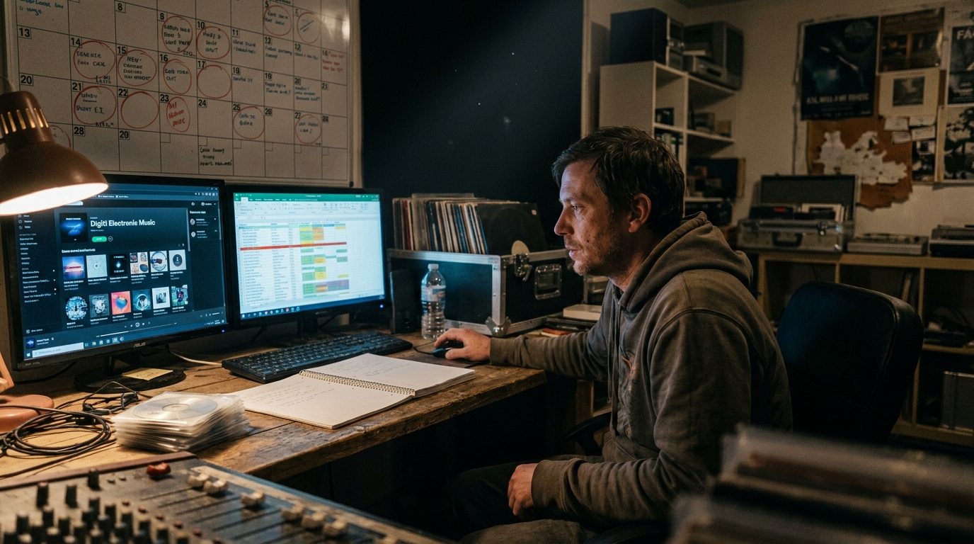 A label manager at a desk with two screens showing the Beatport store and a release schedule spreadsheet, a wall calendar behind with release dates marked in marker