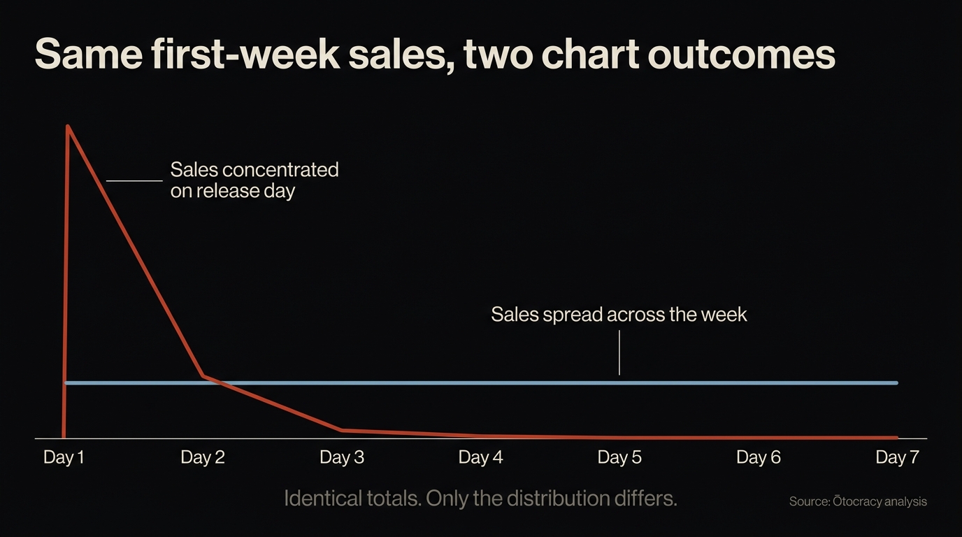 Two release curves compared over a first chart week, one with sales concentrated on a single day producing a sharp spike, the other with sales spread evenly producing a sustained chart position