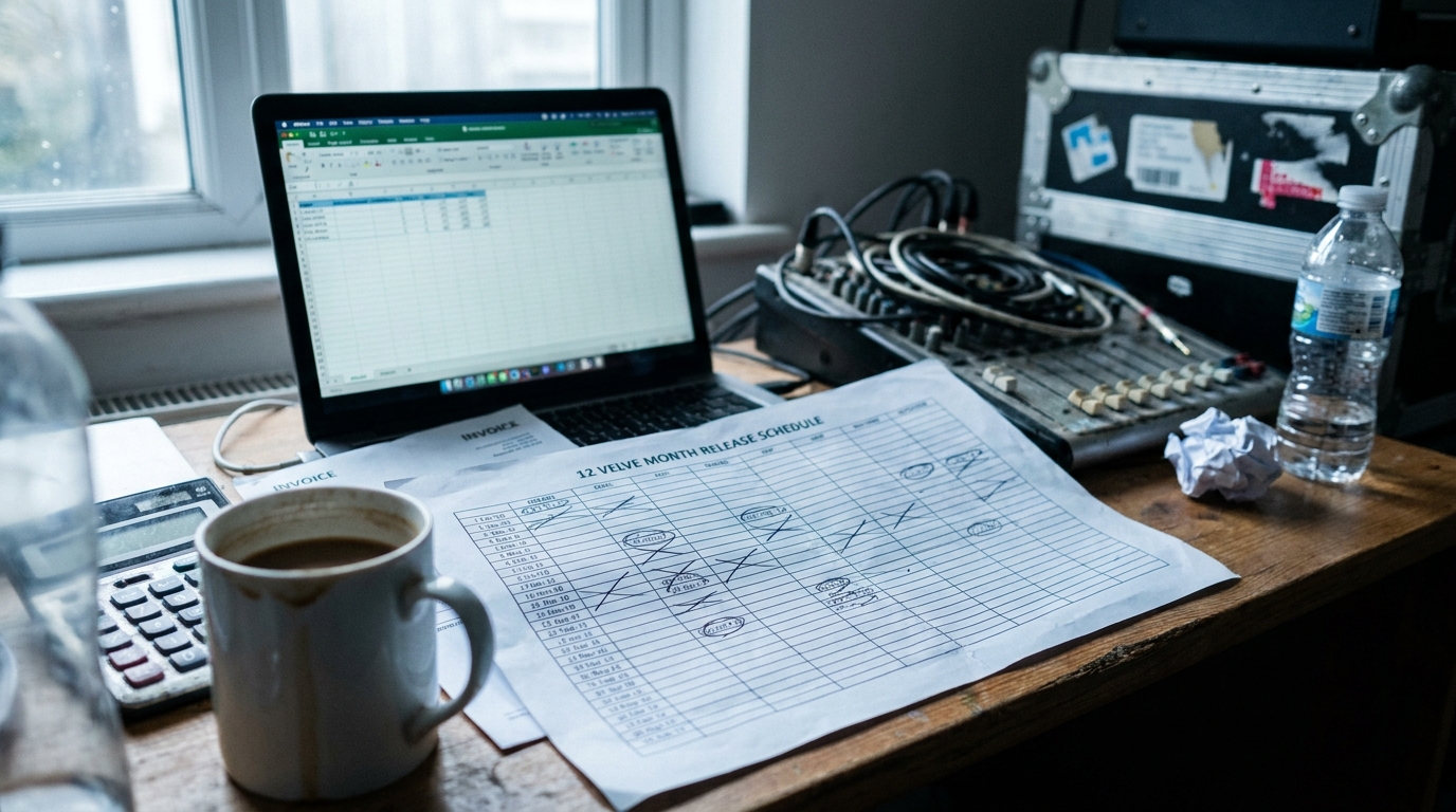 A desk with a printed annual release schedule marked in pen, a laptop spreadsheet softly out of focus, and a calculator beside a cold coffee