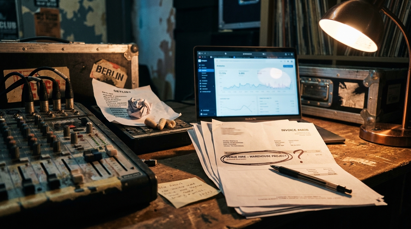 Photo of a printed vendor invoice stack on a desk, one invoice circled in pen with a question mark, a laptop with a blurred analytics screen behind