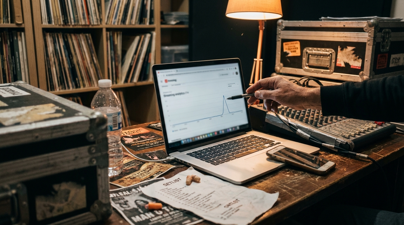 Photo of a laptop showing a blurred analytics chart with an unexpected uptick, a hand pointing at the spike with a pen, shelves of vinyl records out of focus behind