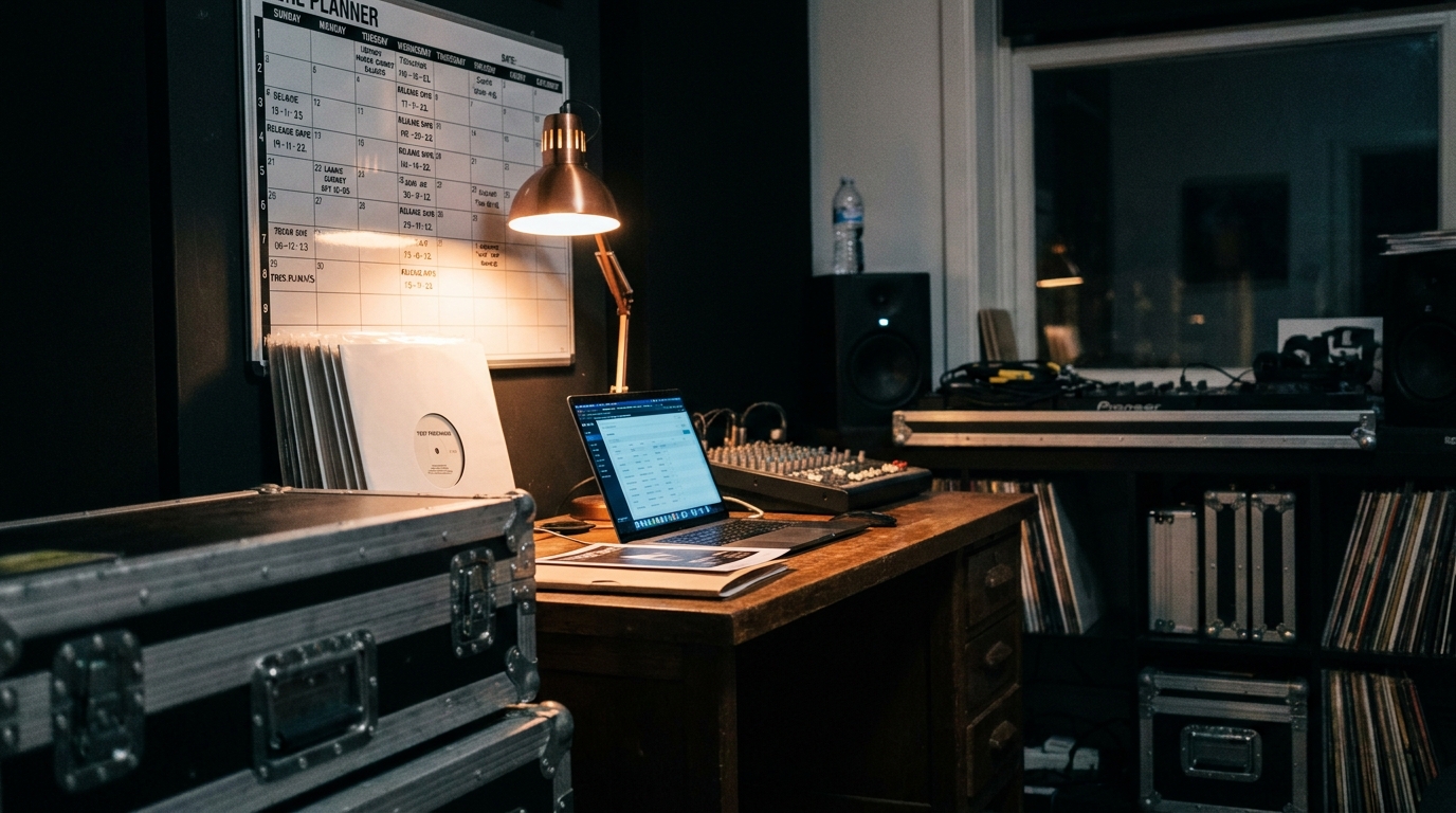 A label office desk with a release schedule wall planner behind it, a laptop showing a blurred roster dashboard, and a stack of vinyl test pressings