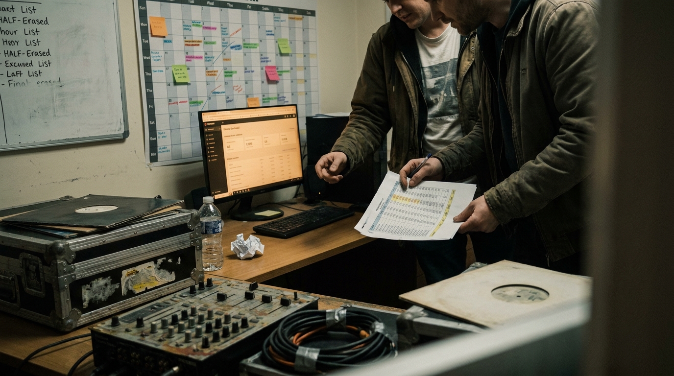 Photo of a weekly label meeting: two people at a desk reviewing a delivery dashboard, a release wall planner behind them with dates and colored markers