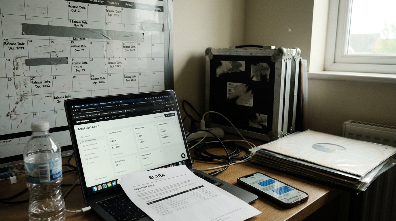 A manager's desk with a laptop showing several artist dashboards side by side, a printed per-artist report with one artist's name at the top, and a phone mid-message