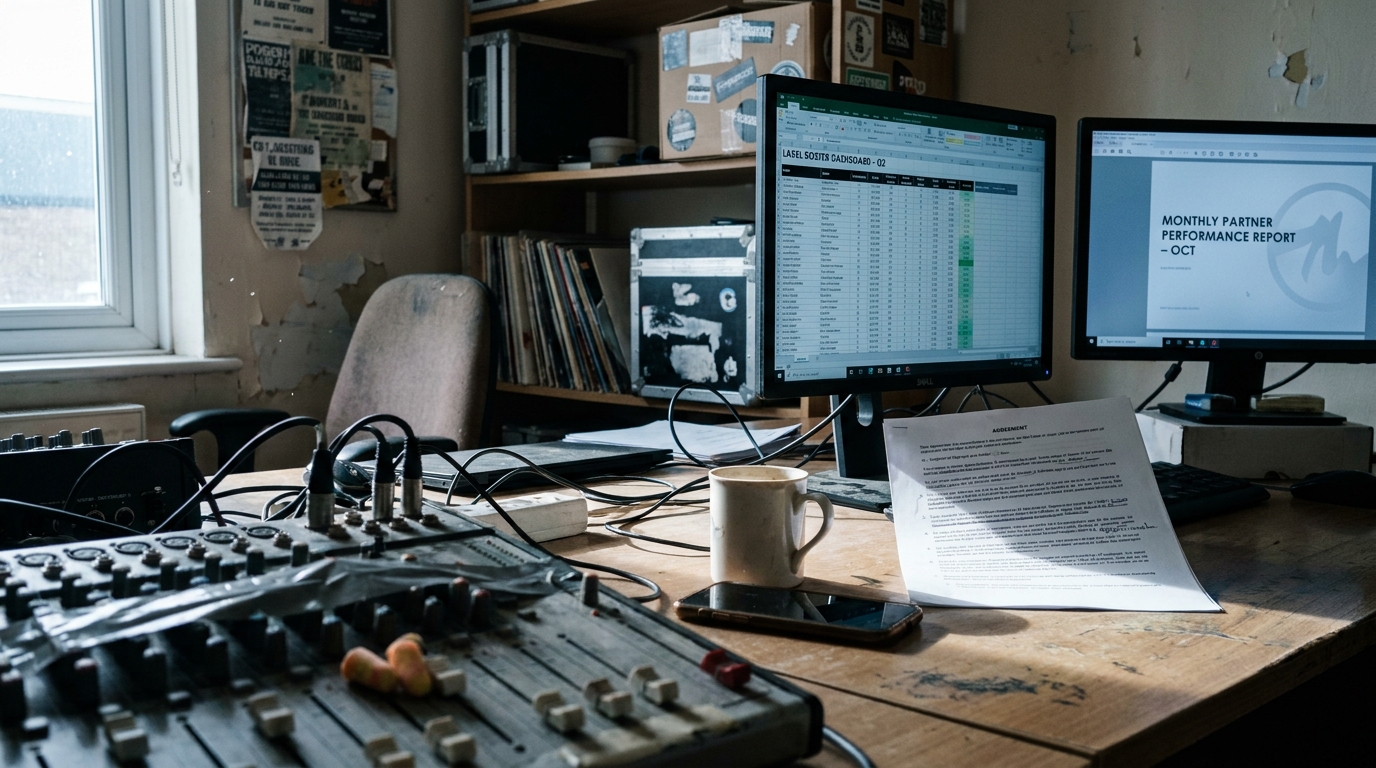 A distributor's office desk with two screens showing a label roster dashboard and a branded monthly report, a printed partner agreement with clauses marked in pen beside them