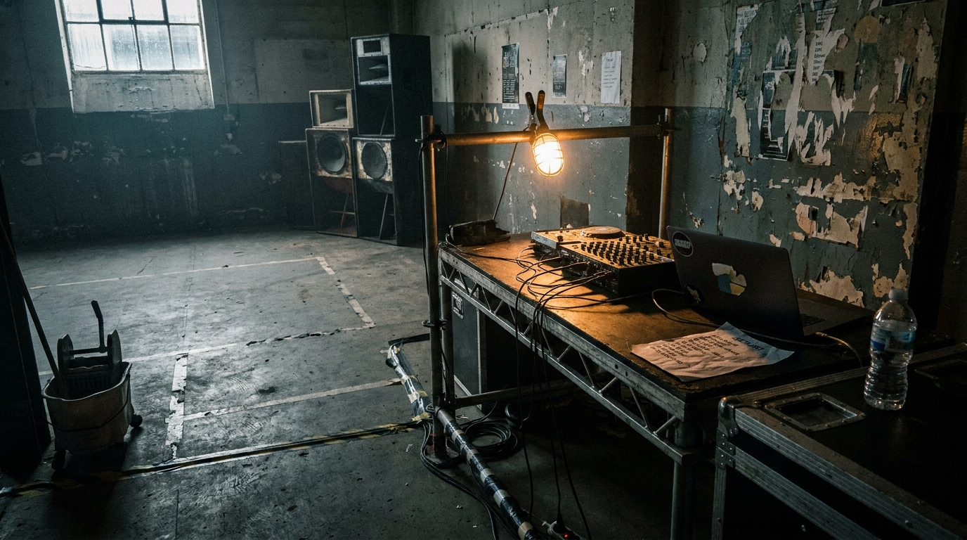 A dark German warehouse club interior before opening, concrete pillars and a bare industrial ceiling above an empty dancefloor with a single work light on the DJ booth