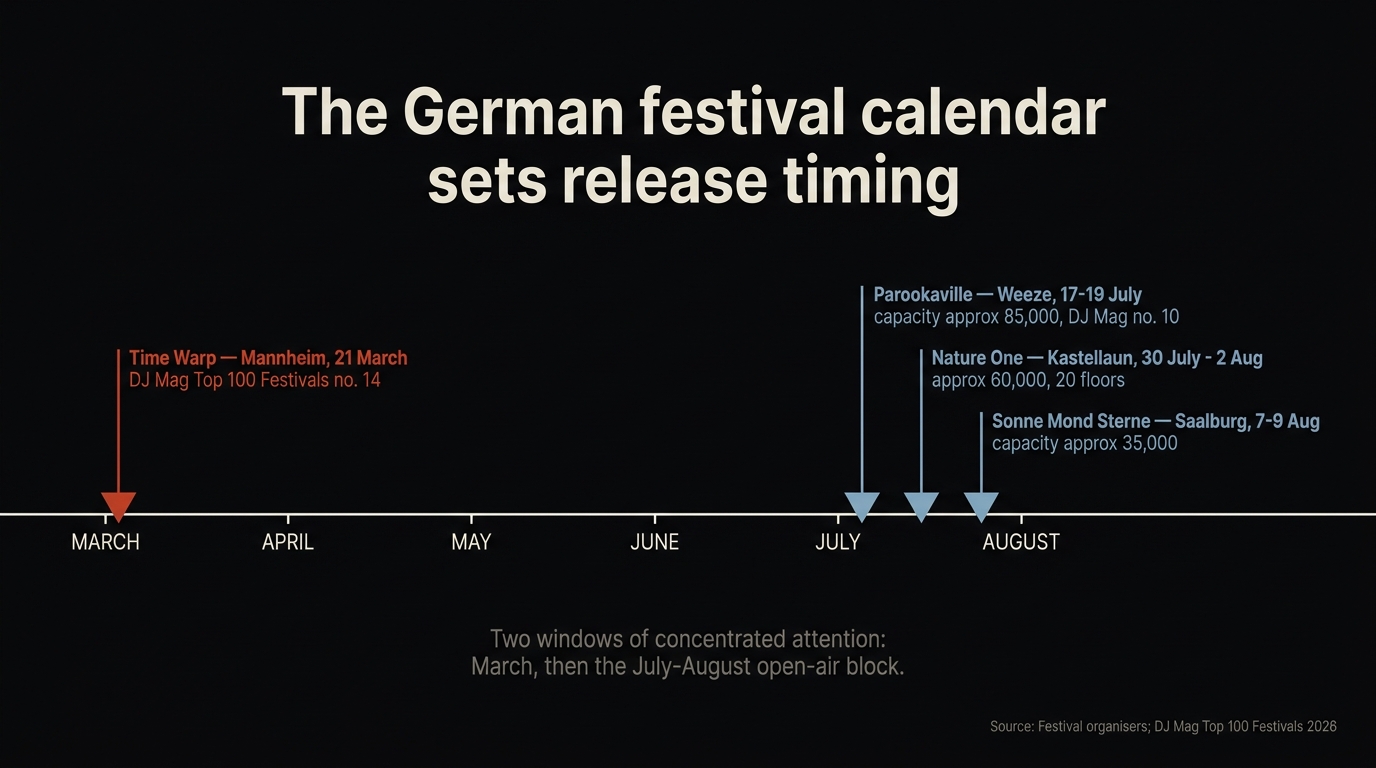 Timeline from March to August marking Time Warp in Mannheim, then Parookaville, Nature One and Sonne Mond Sterne clustered across July and August