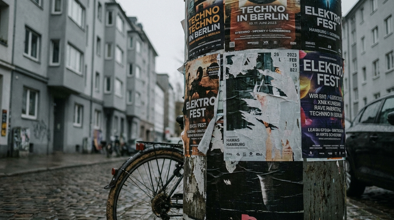 A cylindrical German advertising column on a wet street layered with peeling, rain-warped club flyers and rave posters, a bicycle wheel in the foreground and grey apartment facades behind