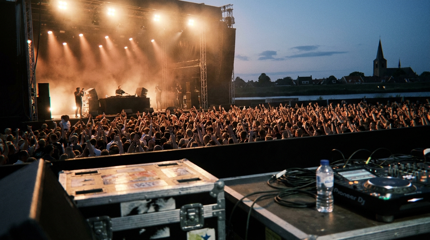 A packed open-air EDM festival crowd at dusk in the Netherlands, thousands of hands raised toward a bright main stage with a canal-side skyline behind them