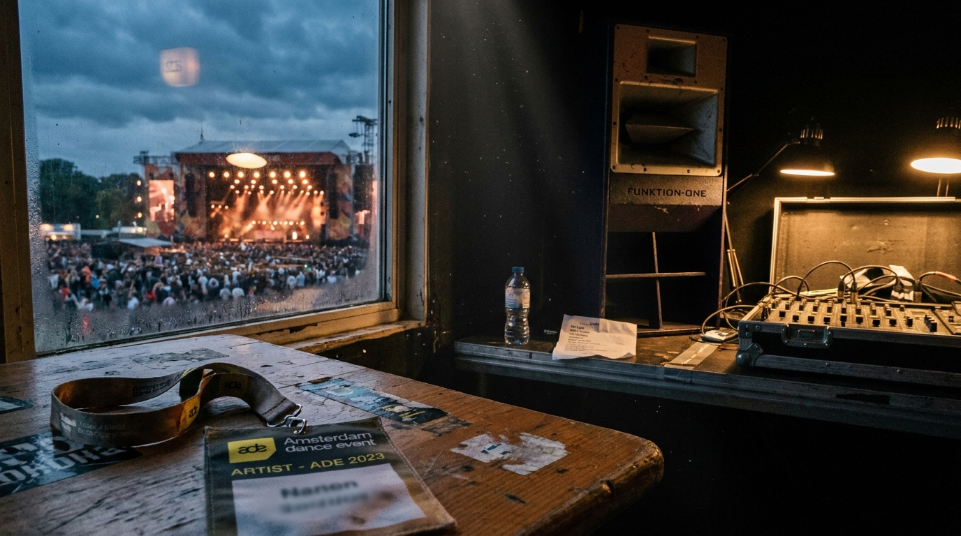 A collage of an Amsterdam Dance Event badge, a packed festival main stage at dusk, and a dark club DJ booth with a large Funktion-One speaker rig