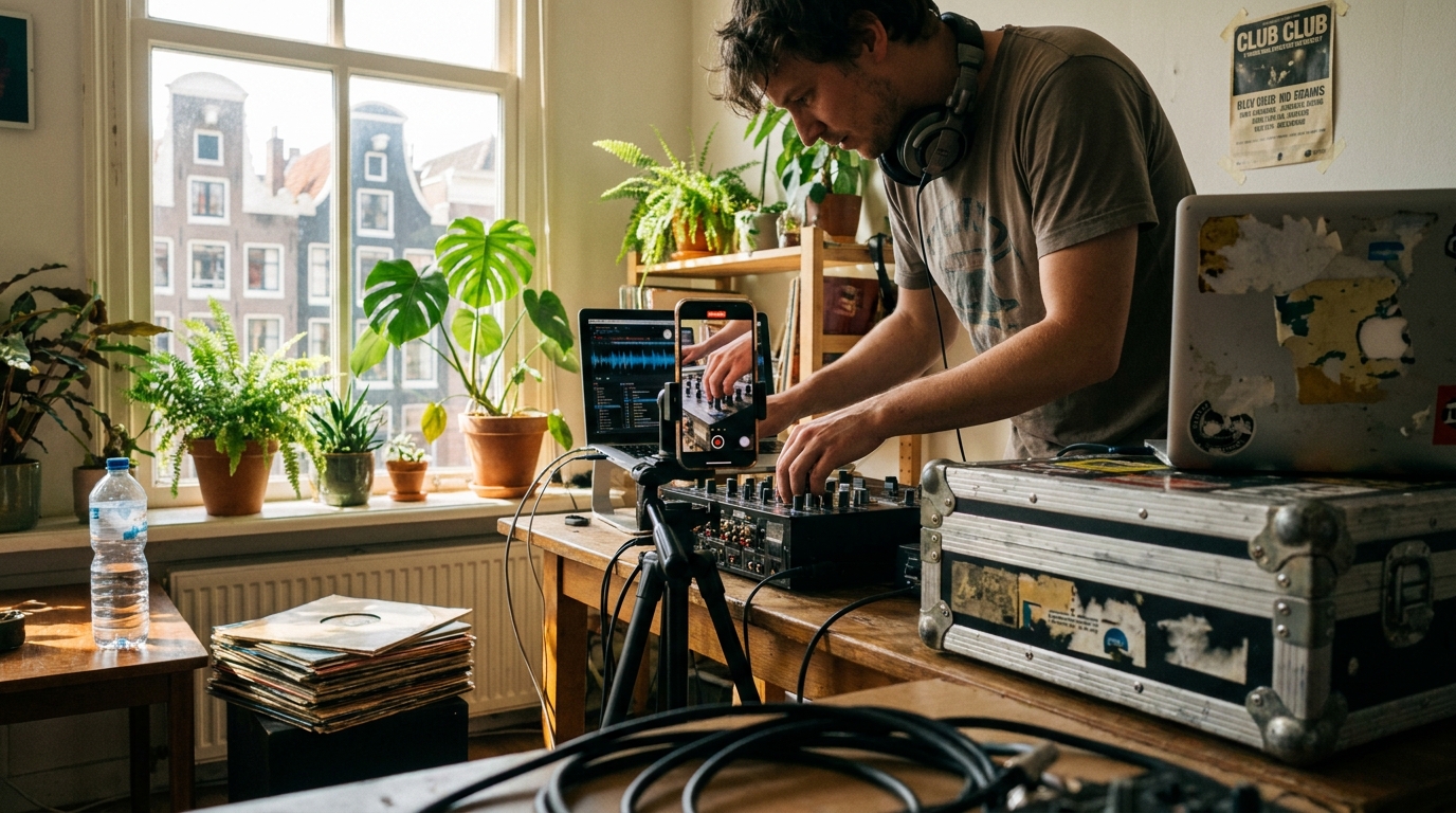 A creator filming a short vertical video in a bright Amsterdam apartment, phone mounted on a tripod, with an audio waveform graphic overlaid on the screen