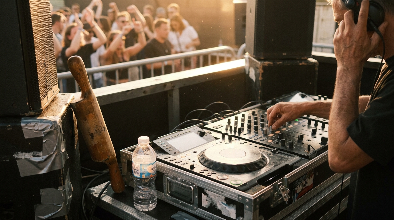 A dimly lit club booth at golden hour with a DJ cueing a record on a CDJ, a percussion instrument resting against a speaker stack, and a crowd of raised hands blurred beyond the booth edge