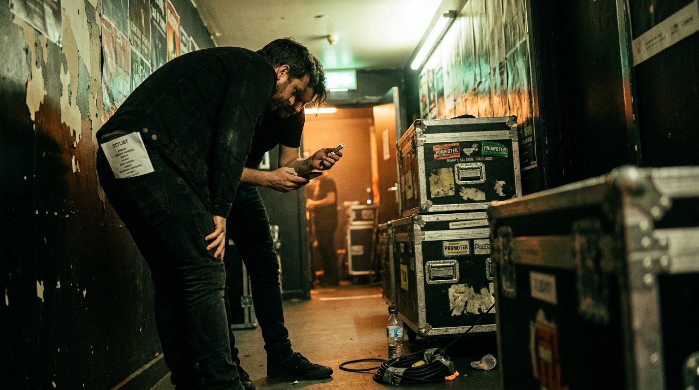 Two DJs in a backstage corridor comparing a track on a phone, one holding a USB stick, flight cases stacked against a wall covered in peeling promoter stickers