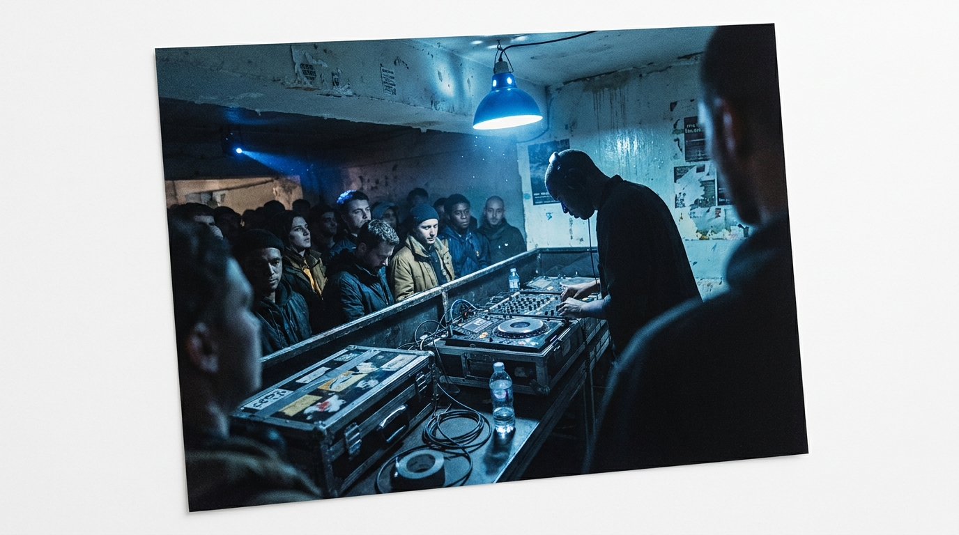 A dark basement club with a low ceiling, a DJ silhouetted behind CDJs and a dense crowd close to the booth under a single blue light