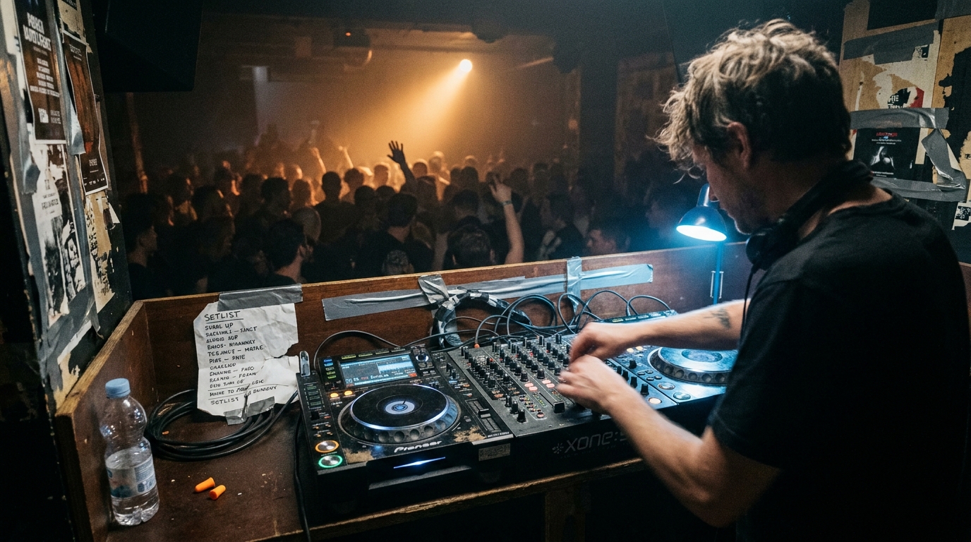 A DJ's hands on worn CDJs in a dark European club booth, scribbled setlist taped to the edge, packed dancefloor dissolving into amber haze behind