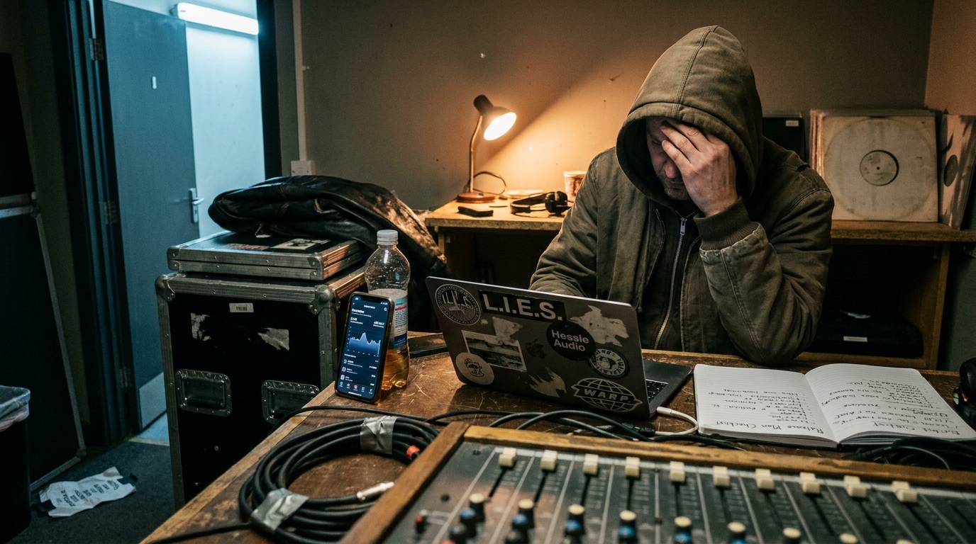 An artist backstage before doors, planning a release on a sticker-covered laptop next to a handwritten checklist under one warm lamp