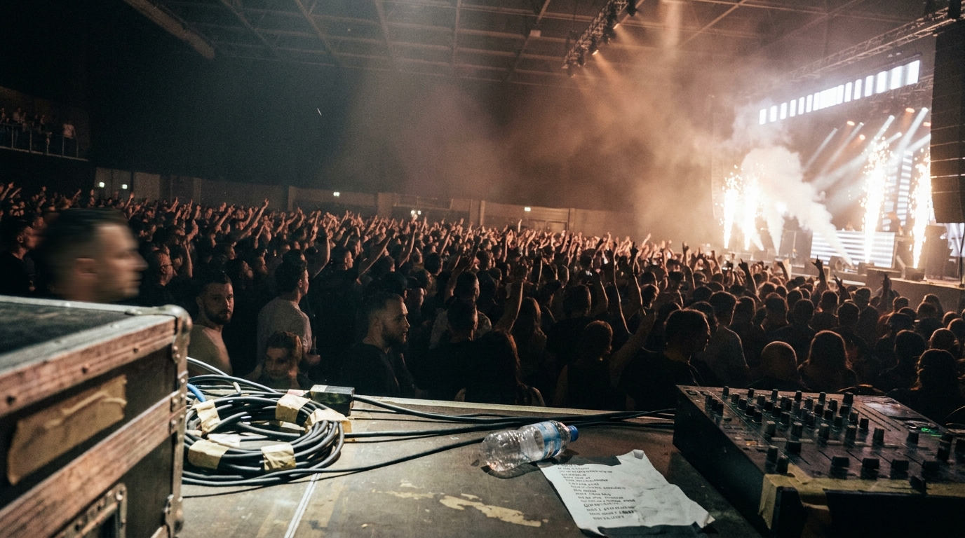 A packed indoor arena during a hard dance event, pyrotechnics above the stage and a dense crowd with arms raised in silhouette