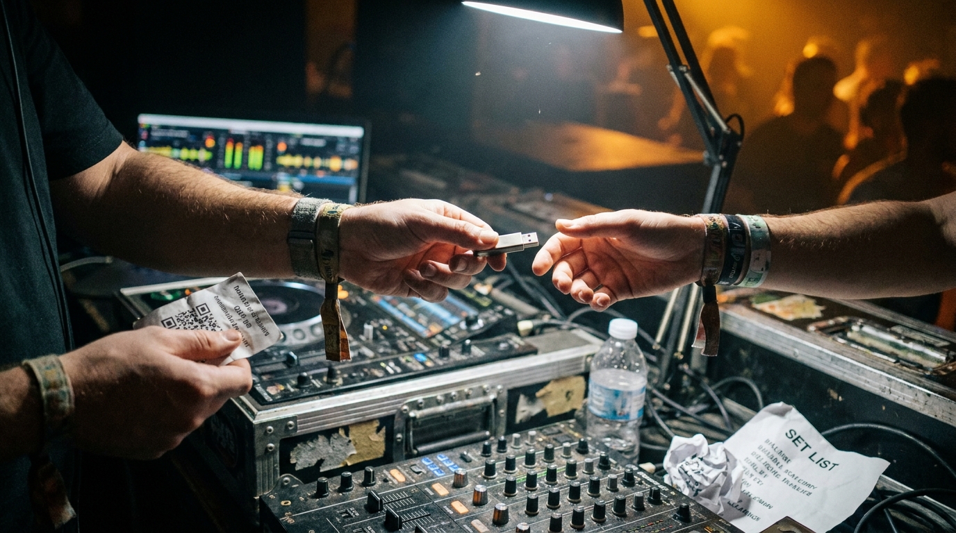 A hand passing a USB demo to a resident DJ at the booth edge after a set, mixer LEDs blurred behind