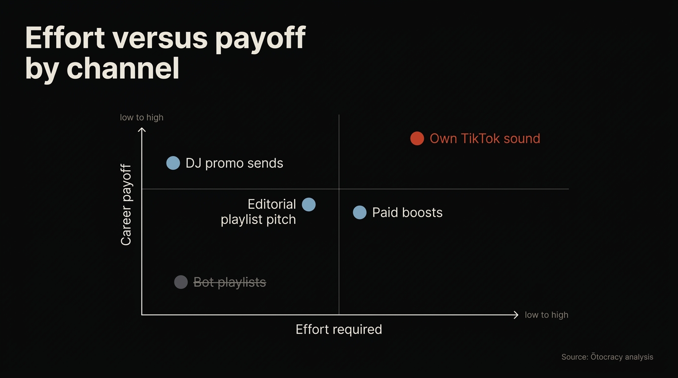 Scatter chart of promotion channels by effort versus career payoff, with owning your TikTok sound highest and bot playlists struck through