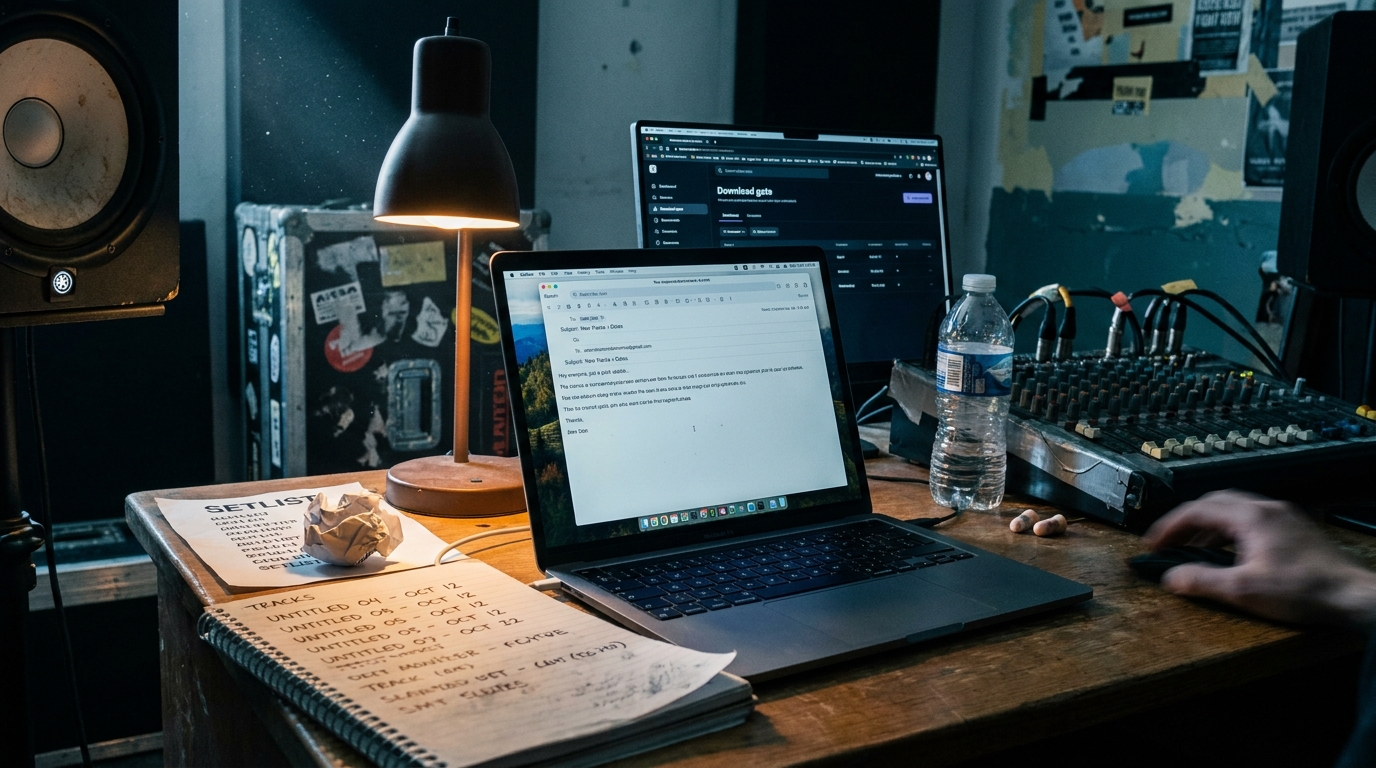 A laptop on a studio desk showing an email draft to a fan list beside an open download gate dashboard, a notebook of track names and dates alongside