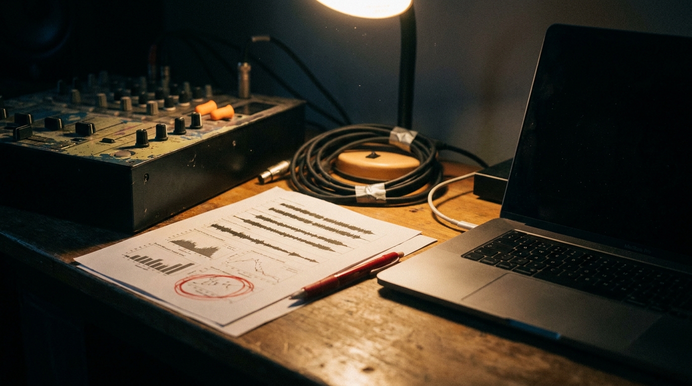 A printed sheet of waveforms and engagement charts under a desk lamp with one figure circled hard in red pen, a mixer and a closed laptop either side of it