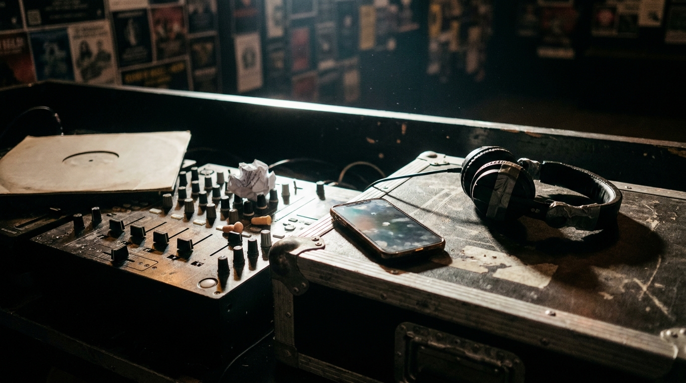 An emptied hard dance DJ booth after the night, faders still up on a scuffed mixer, headphones and a face-down phone resting on a flight case beside it