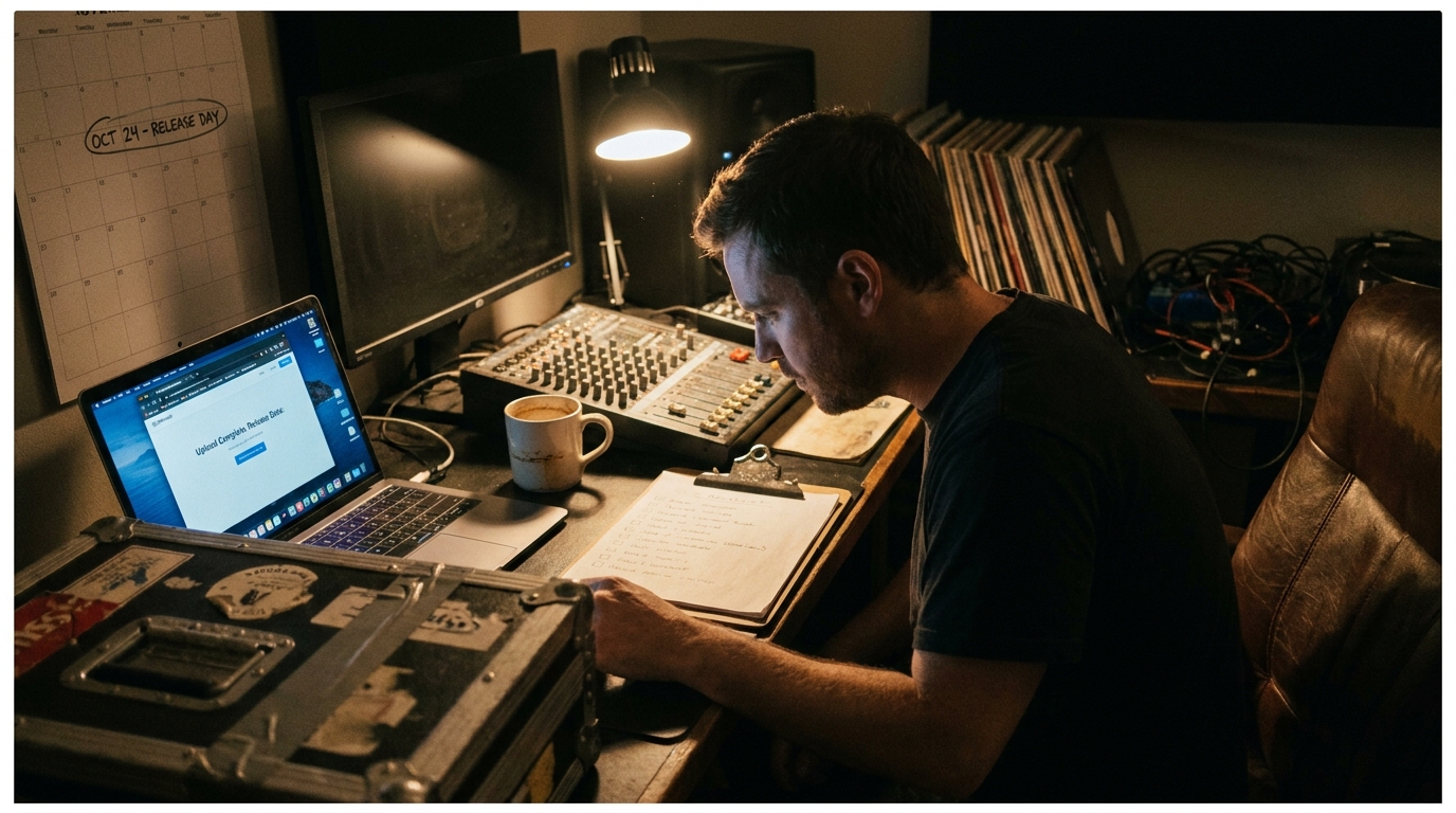 A producer at a studio desk scheduling a Spotify release on a laptop, a wall calendar marked seven days out, a release checklist and monitors under warm light