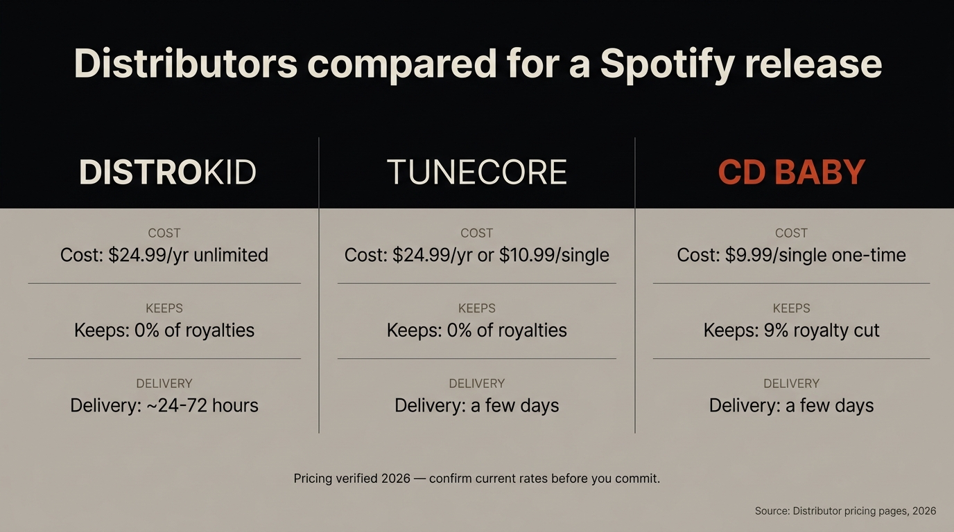 A producer comparing three music distributor plans on a laptop next to a wall calendar with a release date circled three weeks out