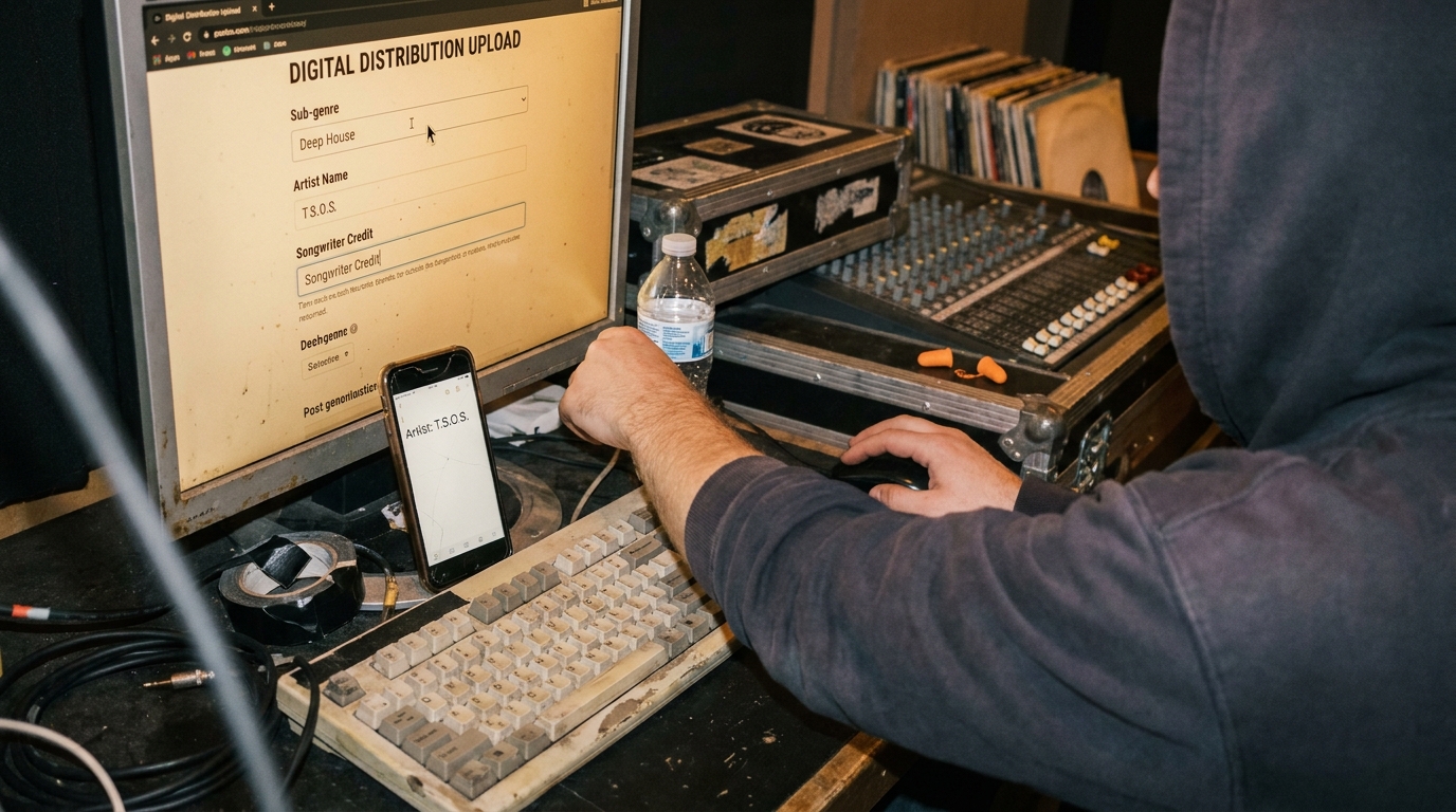 Close-up of a Spotify upload form with sub-genre, artist name and songwriter credit fields being filled in precisely on a studio screen