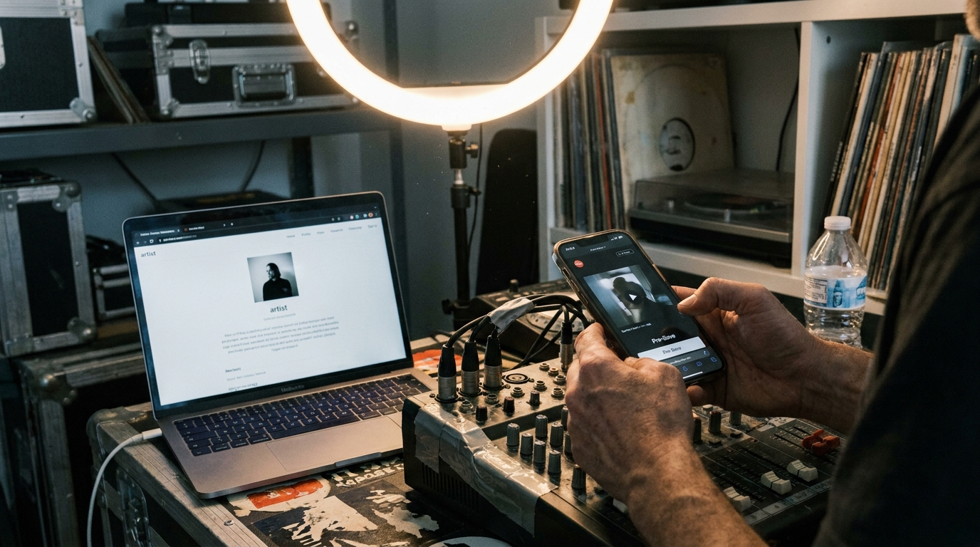 Hands setting up a looping Canvas video and a pre-save link on a phone, with a clean artist profile page showing a current photo and bio