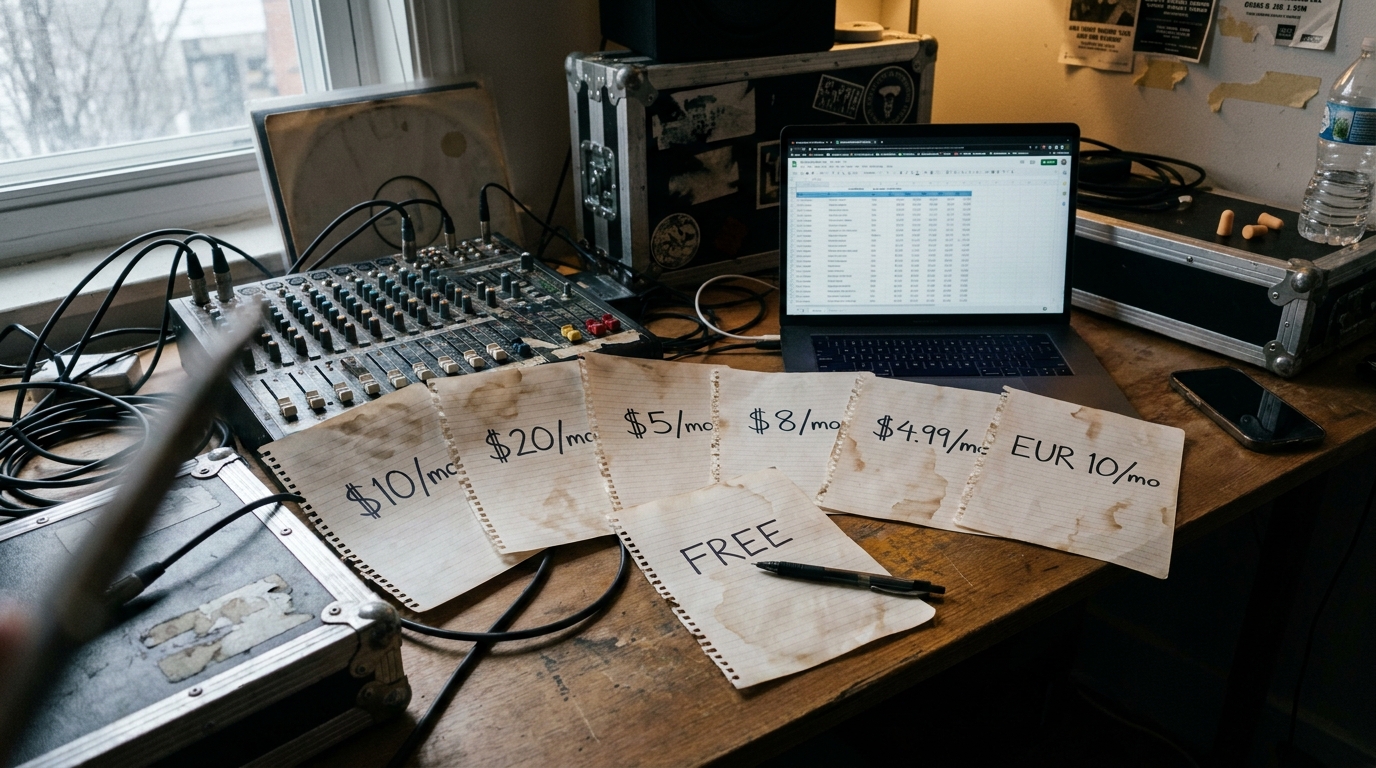 Seven handwritten notebook pages with monthly prices spread across a studio desk, the page reading FREE pushed forward, a laptop with a fan email spreadsheet behind