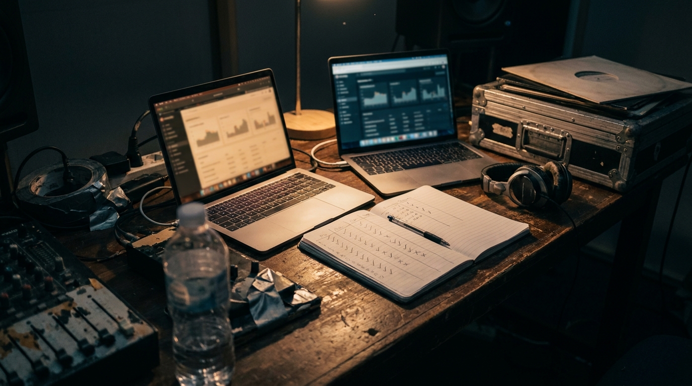 Two laptops side by side on a studio desk, each showing a blurred download gate dashboard, with a notebook of feature comparisons between them