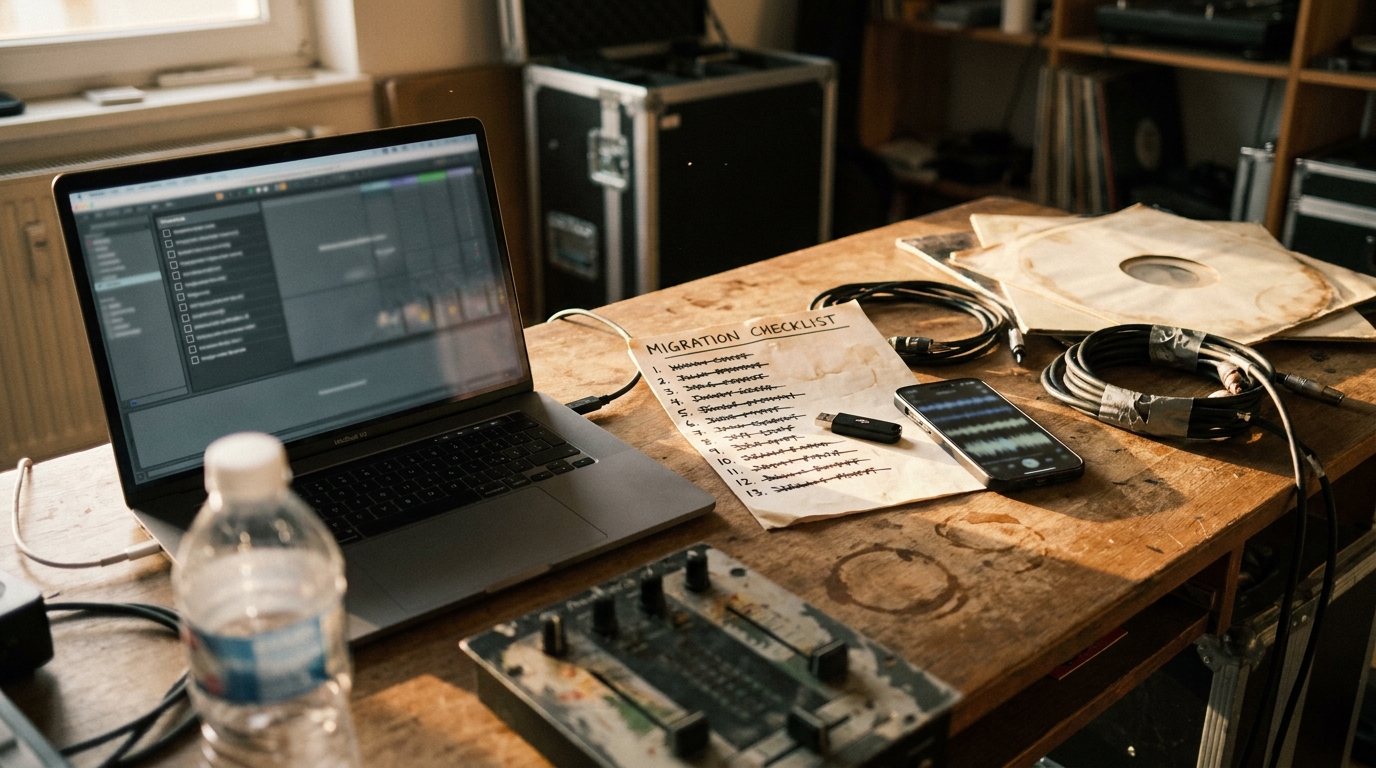 A studio desk mid-migration: a laptop showing a setup checklist, a handwritten migration checklist with thirteen crossed-off lines, a USB stick and a phone with a waveform